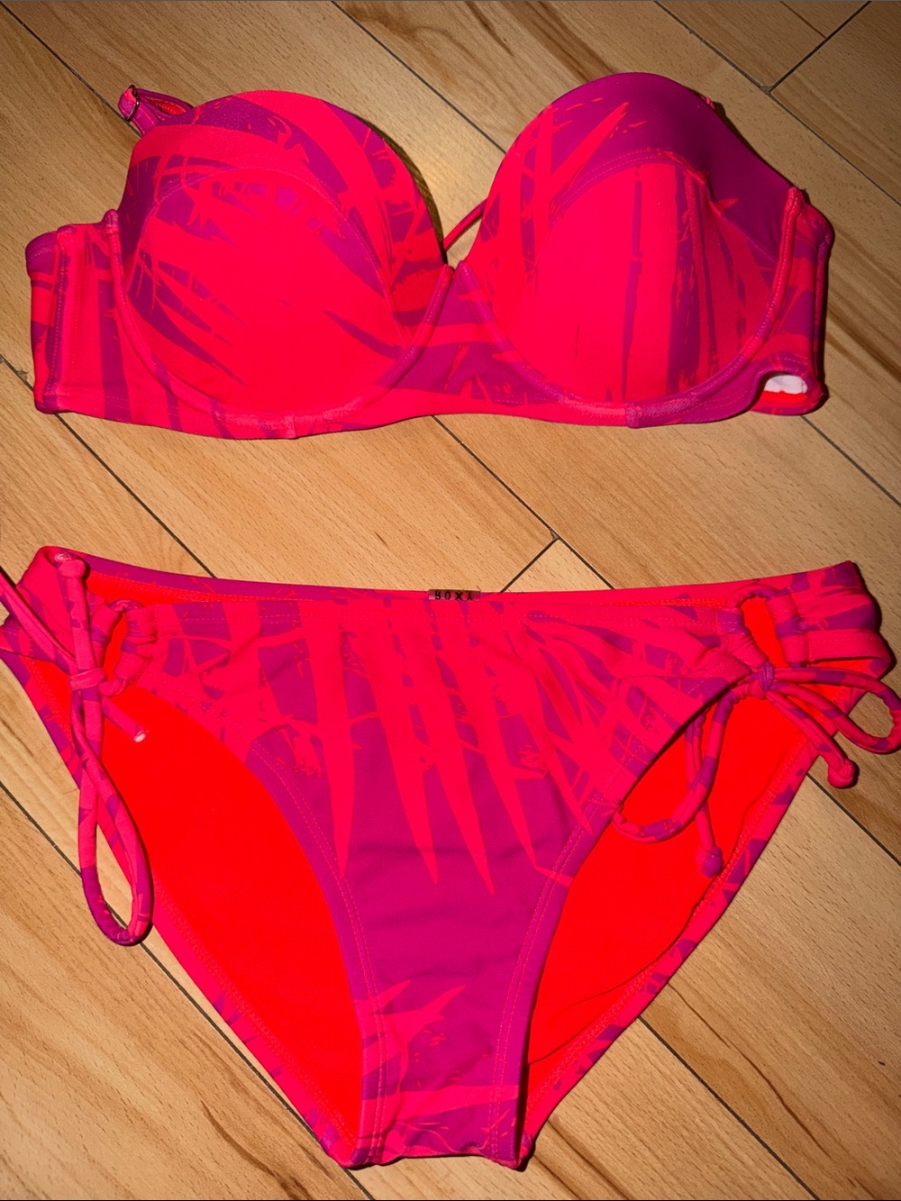 Roxy Hot Pink Palm-Print Strapless Bikini Set